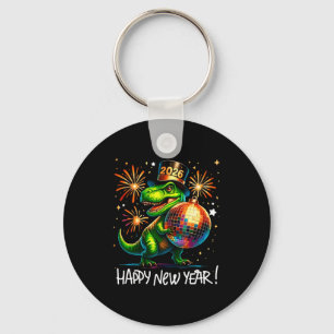 T Rex Happy New Year 2026 Disco Ball Fireworks Tee Key Ring