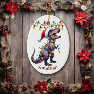 T-Rex Holiday Lights Kids Christmas Ceramic Ornament