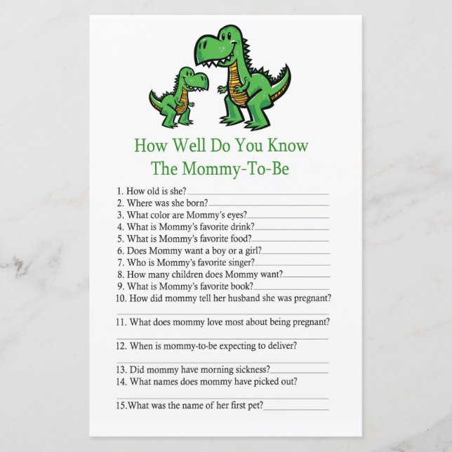 T-rex How well do you know baby shower game (Front)