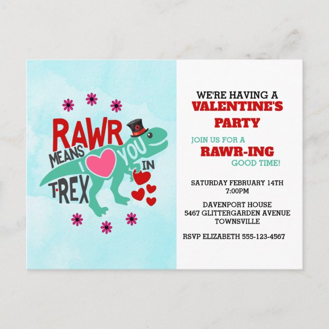 T-Rex in a Top Hat Cute Funny Valentine Invitation Postcard (Front)
