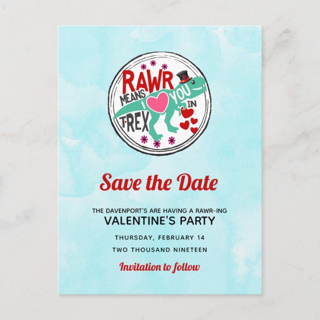 T-Rex in a Top Hat Funny Valentine Save the Date Postcard (Front)