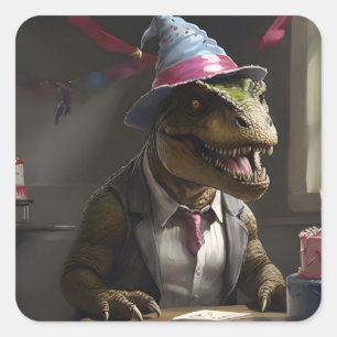 T-rex in birthday hat square sticker