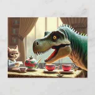 T-rex, kitten, tea party postcard
