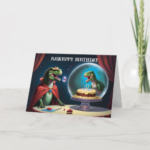 T-Rex looking at cake inside cake stand. Card