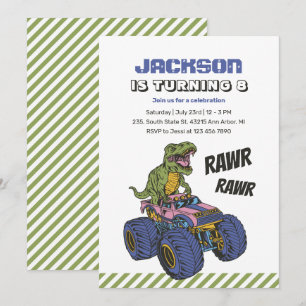 T-Rex Monster Truck Rawr Dinosaur Kids Birthday Invitation