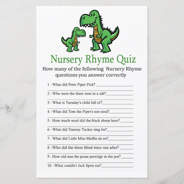 T-rex Nursery Rhyme Quiz baby shower game (Front)