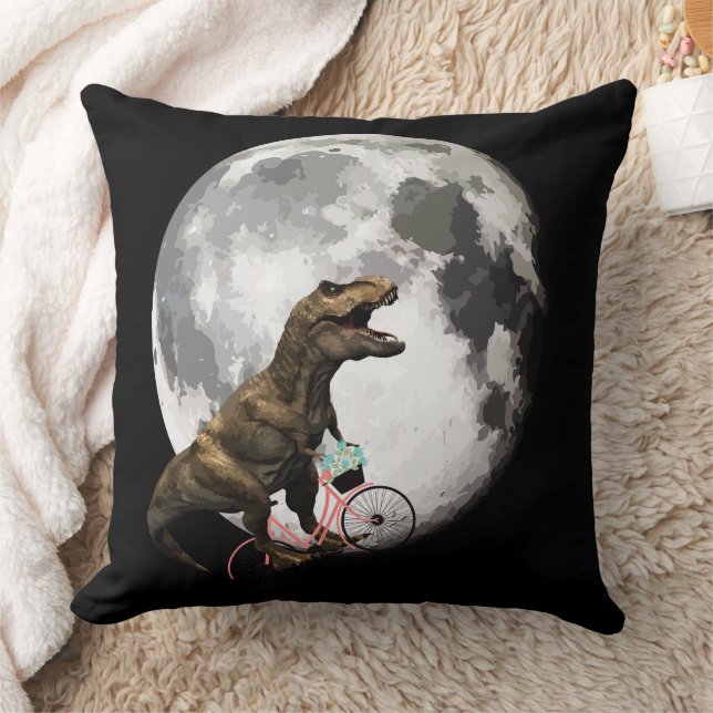 T-Rex on a Bicycle with Roses Circling the Moon Cushion (Blanket)