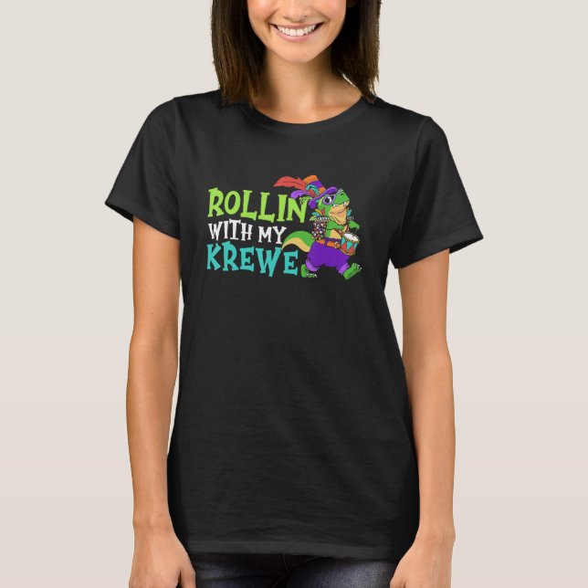 T Rex Parade Mardi Gras Carnival Beads Rollin with T-Shirt (Front)