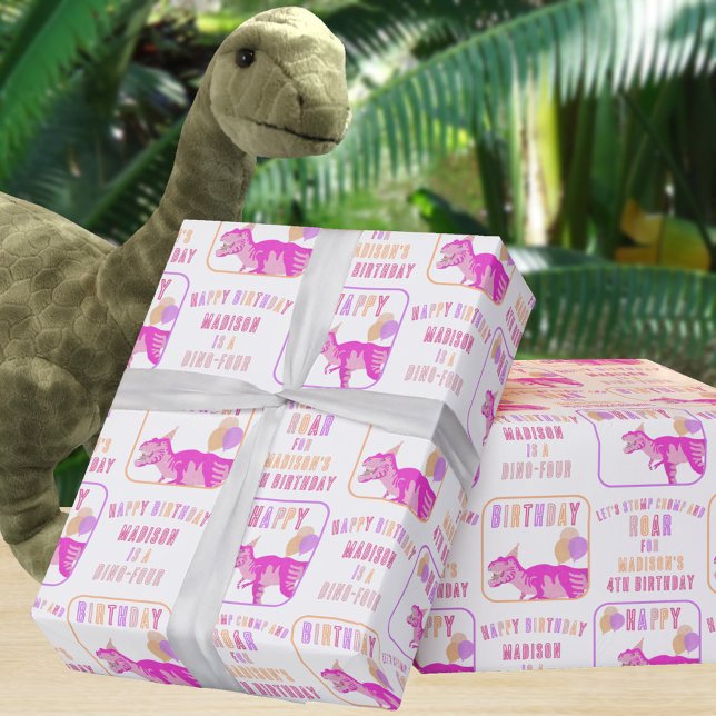 T-Rex Pink Add Name And Age Dinosaur Birthday Wrapping Paper (It's easy to personalize your pink dinosaur happy birthday wrapping paper)