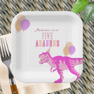 T-Rex Pink Any Age Cute Dinosaur Birthday Party Paper Plate