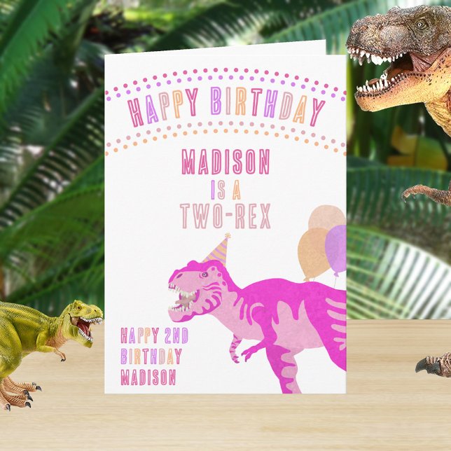 T-Rex Pink Any Age Dinosaur Happy Birthday Card (This cute pink dinosaur Happy Birthday greeting card is easy to personalize)