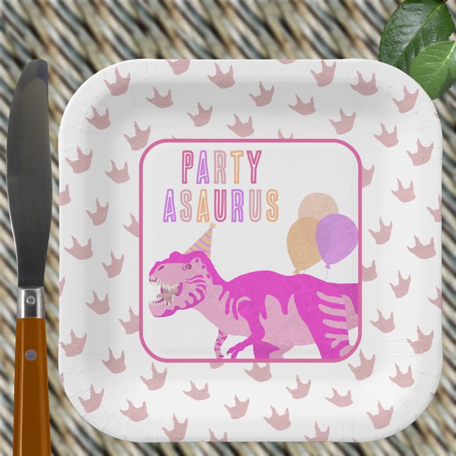 T-Rex Pink Cute Jurassic Dinosaur Birthday Party Paper Plate (Cute pink T-Rex paper plates for your fun dinosaur birthday party)