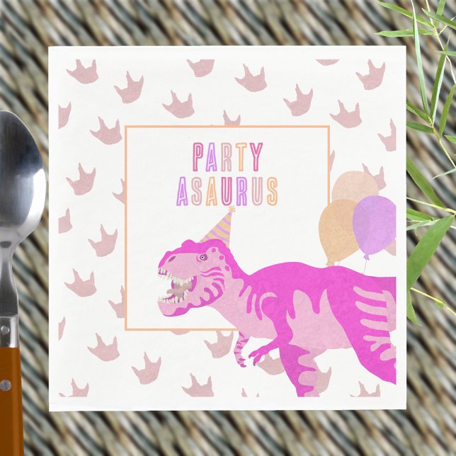 T-Rex Pink Dinomite Cute Dinosaur Birthday Party Napkin (These PARTY ASAURUS paper napkins continue the pink dinosaur birthday party theme)