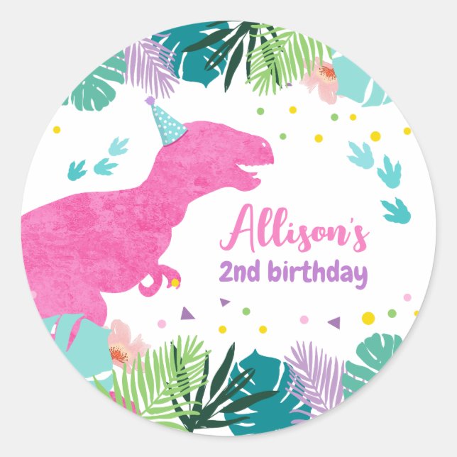 T-Rex Pink Dinosaur Girl Dino Prehistoric Birthday Classic Round Sticker (Front)