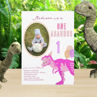 T-Rex Pink Photo Any Age Cute 1st Birthday Party Invitation