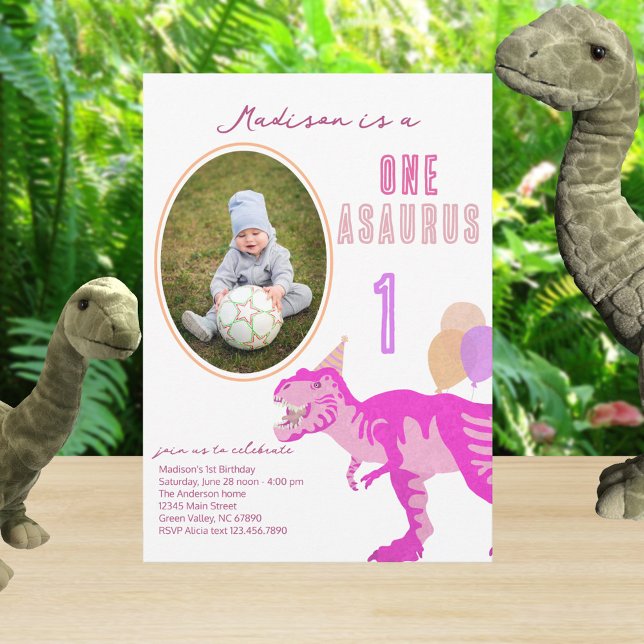 T-Rex Pink Photo Any Age Cute 1st Birthday Party Invitation (It's easy to change this photo invitation from one to two or five or any age you need)