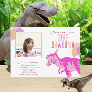 T-Rex Pink Photo Any Age Dinosaur Birthday Party Invitation