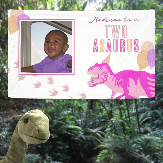 T-Rex Pink Photo Any Age Dinosaur Kids Party Banner (It's easy to add your child's name and photo to this pink dinosaur birthday party banner sign)