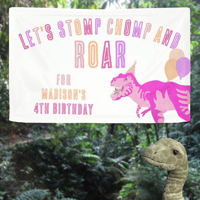 T-Rex Pink Stomp Chomp Roar Dinosaur Birthday Banner (Round out your party décor with this cute custom pink dinosaur birthday party banner sign)