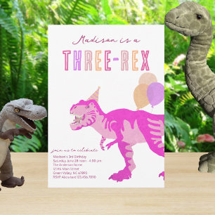T-Rex Pink Three-Rex Dino Third 3rd Birthday Invitation
