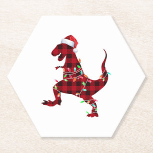 T Rex Plaid Red Buffalo Dinosaur Christmas Pyjamas Paper Coaster