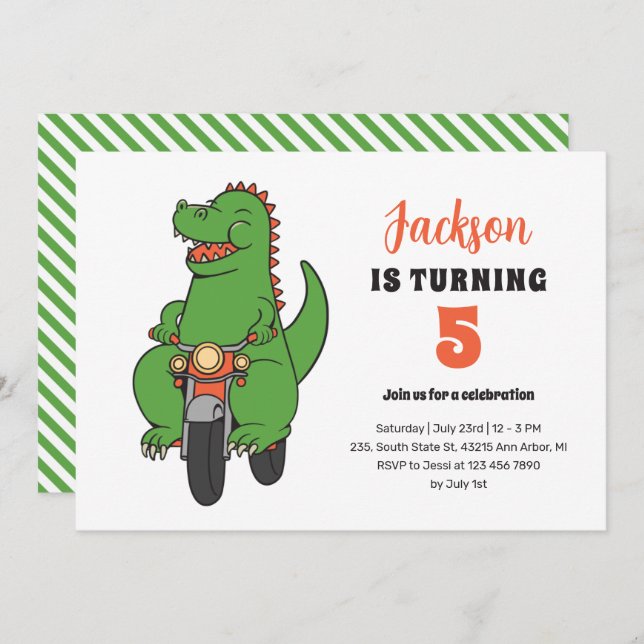 T-Rex Riding Bike Cute Kids Dinosaur Birthday Invitation (Front/Back)