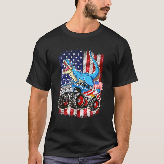 T Rex Riding Monster Truck 4th Of July American Fl T-Shirt (Front)