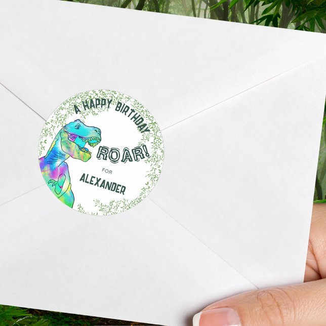T-Rex Roar Dinosaur Birthday Party Classic Round Sticker (A happy birthday t-rex roar personalized dinosaur party sticker)