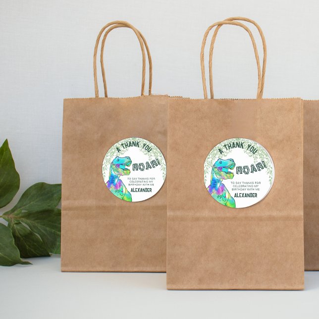 T-Rex Roar Dinosaur Party Thank You Classic Round Sticker (A thank you T-Rex roar personalized dinosaur jungle birthday party favor sticker)