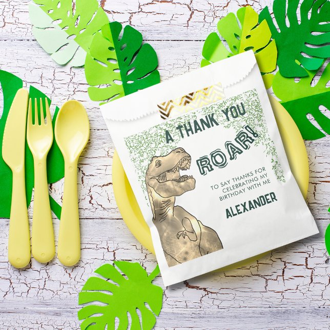 T-Rex Roar Dinosaur Thank You Birthday Party Favour Bag (T-rex roar dinosaur jungle birthday party thank you custom favor bag green and brown)