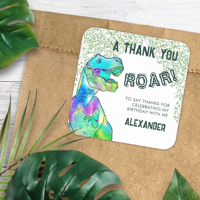 T-Rex Roar Dinosaur Thank You Birthday Party Square Sticker (T-Rex Dinosaur Roar thank you birthday party favor sticker personalized add name)