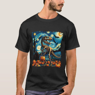 T-rex Skeleton Halloween Van Gogh Starry Night Fal T-Shirt