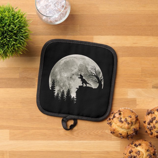  T Rex Standing On Mountain Moonlight Halloween Pot Holder (Top Down)