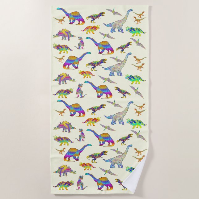 T Rex Stegosaurus Brontosaurus Raptor Dinosaur Art Beach Towel (Front)