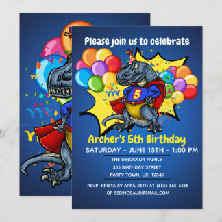 T-Rex Superhero 5th Birthday Invitation