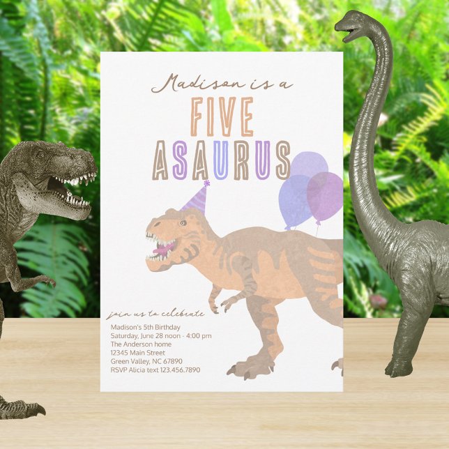 T-Rex Tan Five Asaurus Any Age Birthday Party Invitation (For that perfect 5th birthday party for your dinosaur lover. FIVE can be changed to any age you need)