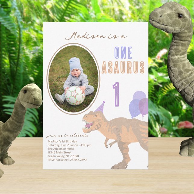 T-Rex Tan Photo Any Age Cute 1st Birthday Party Invitation (Fully editable so you can change from 1st dinosaur birthday party to any date you might need)