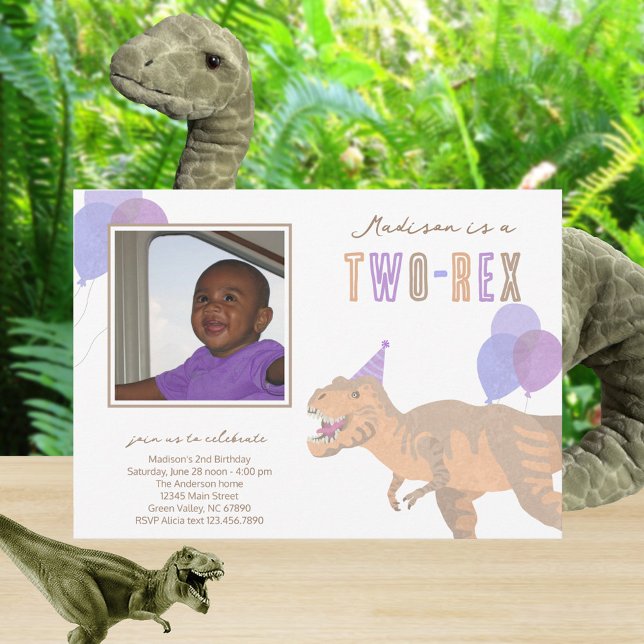 T-Rex Tan Photo Two-Rex Cute 2nd Birthday Party Invitation (Add your child's name and photo to these cute Two-Rex dinosaur birthday party invitations)