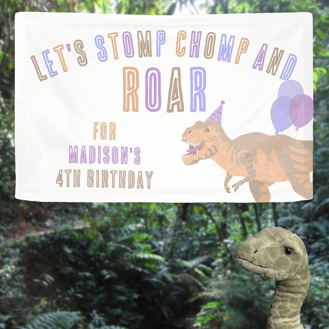 T-Rex Tan Stomp Chomp Roar Dinosaur Birthday Banner (This fun dinosaur birthday party banner sign is easy to personalize with your child's name and age)