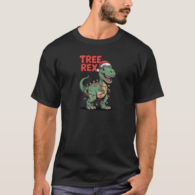 T Rex Tree Rex Dinosaur Christmas Lights Paleontol T-Shirt (Front)