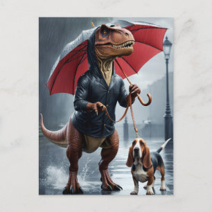 T-Rex walking Basset hound in rain Postcard