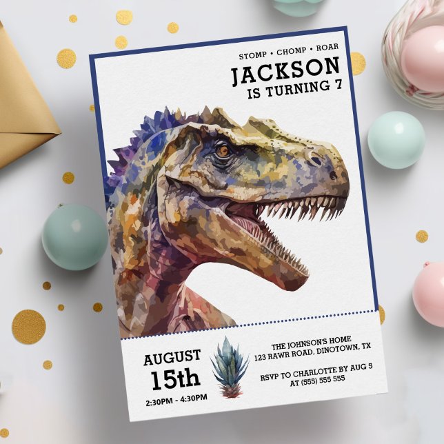 T-Rex Watercolor Dinosaur Kids Birthday Party Invitation (Creator Uploaded)