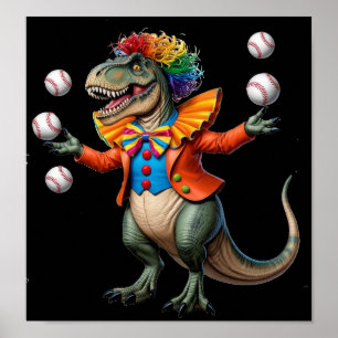 T-rex wearing clown outfit and juggling baseballs poster