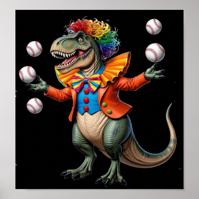 T-rex wearing clown outfit and juggling baseballs poster (Front)