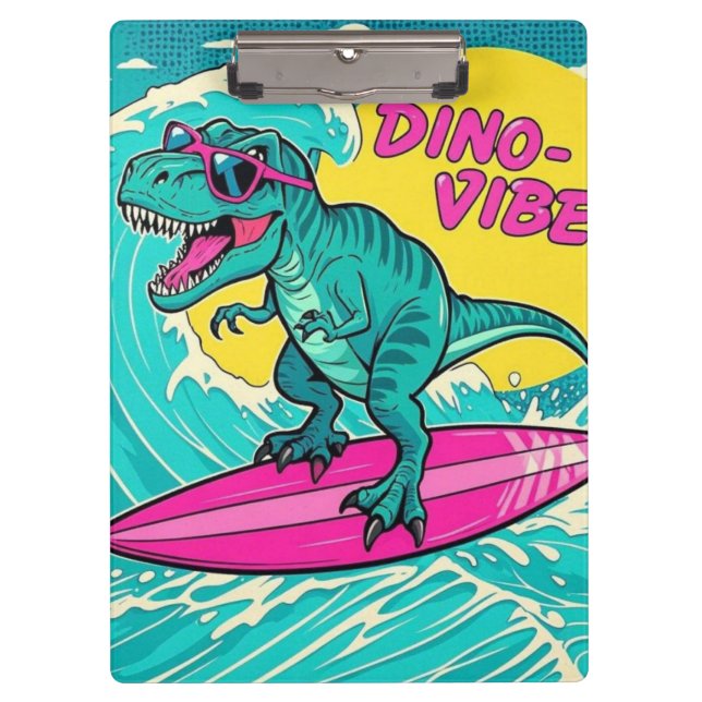 T-Rex wearing sunglasses and riding a neon pink Clipboard (Front)