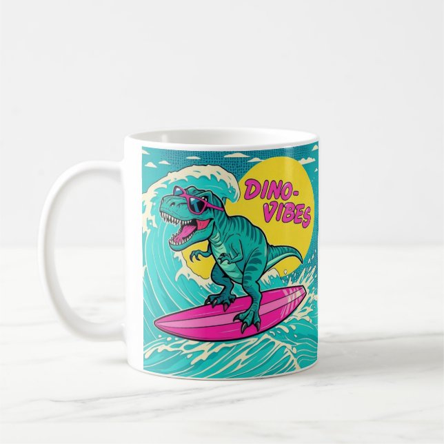 T-Rex wearing sunglasses and riding a neon pink Coffee Mug (Left)