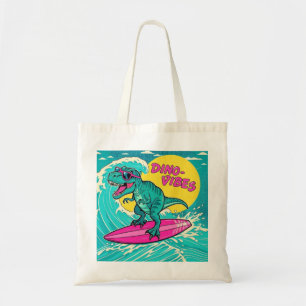 T-Rex wearing sunglasses and riding a neon pink Tote Bag