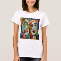 T-shirt abstract design, cubism, colourful faces
