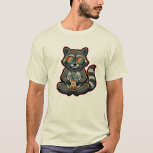T-Shirt Cool Raccoon Drinking Oat Milk Iced Coffee