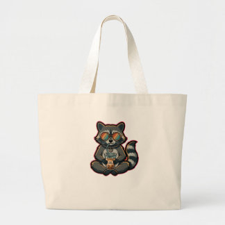 T-Shirt Cool Racoon Drinking Oat Milk Iced Coffee Large Tote Bag